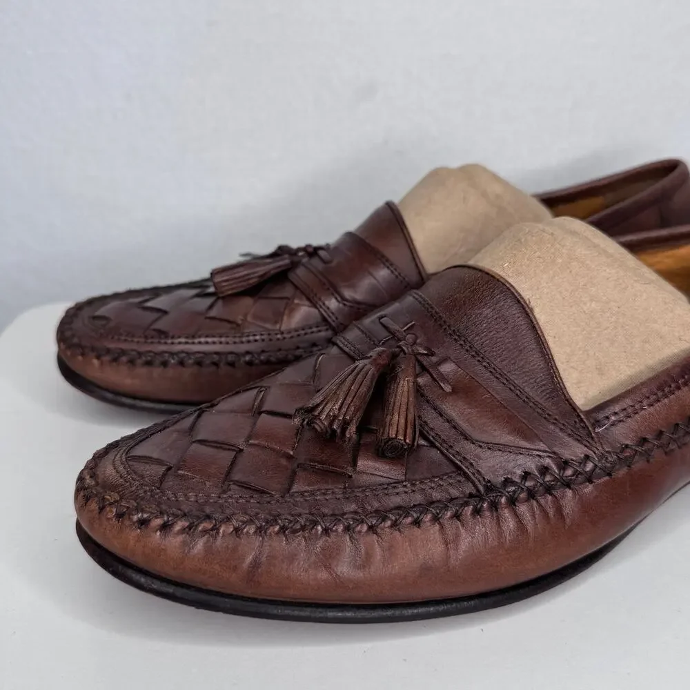 1990s Johnston & Murphy Brown Leather Preppy Woven Tassel Loafers Men’s 10.5M